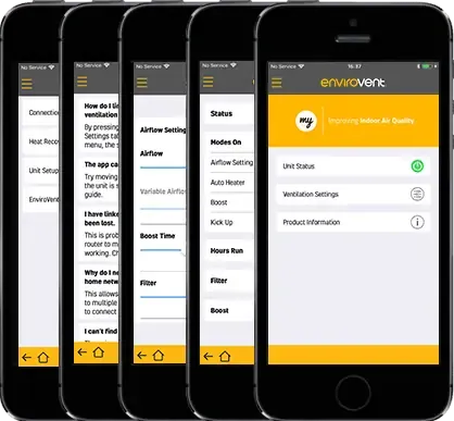 Four smartphones showing Envirovent mobile app screens with settings lists and a yellow header
