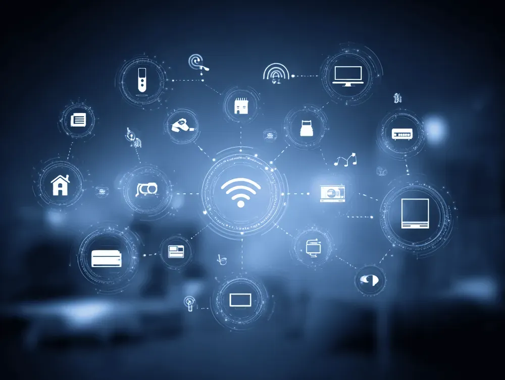 Central wireless hub with interconnected IoT device icons in a blue network