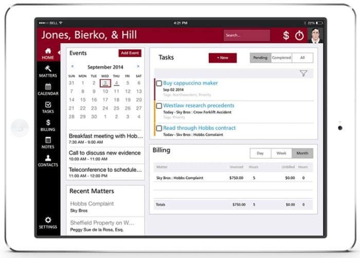 Tablet dashboard for Mobile App Development page showing calendar, tasks, and billing panels